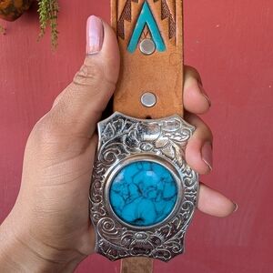 Western Tan and Turquoise Belt with Silver Buckle